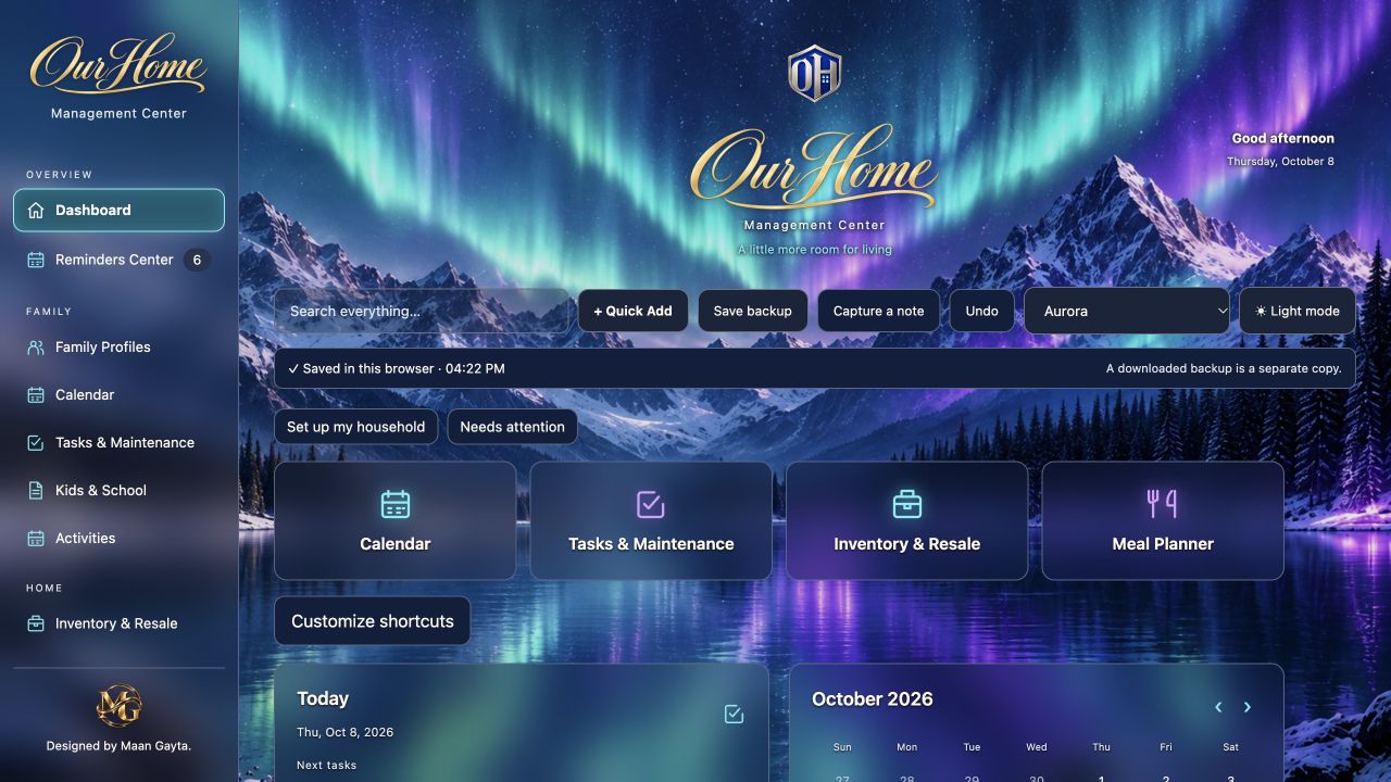 Our Home dashboard with the Aurora theme and sample household records